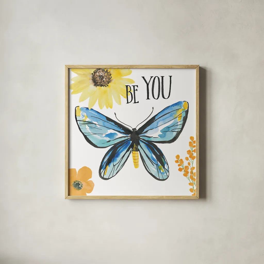 Beautiful Butterfly III by Sara Zieve Miller. Shown in a natural wood glass frame for a timeless modern aesthetic. Available as an archival giclee rolled canvas, fine art paper, or poster print. SKU 27321a.