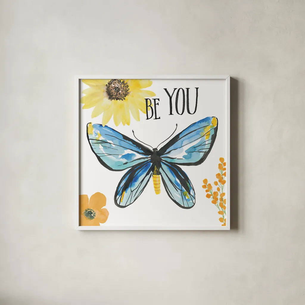 Beautiful Butterfly III by Sara Zieve Miller. Shown in a crisp white glass frame for a clean and minimalist style. Available as an archival giclee rolled canvas, fine art paper, or poster print. SKU 27321a.