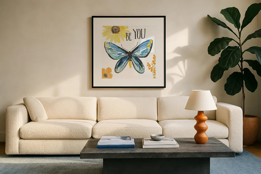 Beautiful Butterfly III by Sara Zieve Miller. Displayed in a glass frame with matte in a clean modern living room. Available as an archival giclee rolled canvas, fine art paper, or poster print. SKU 27321a.