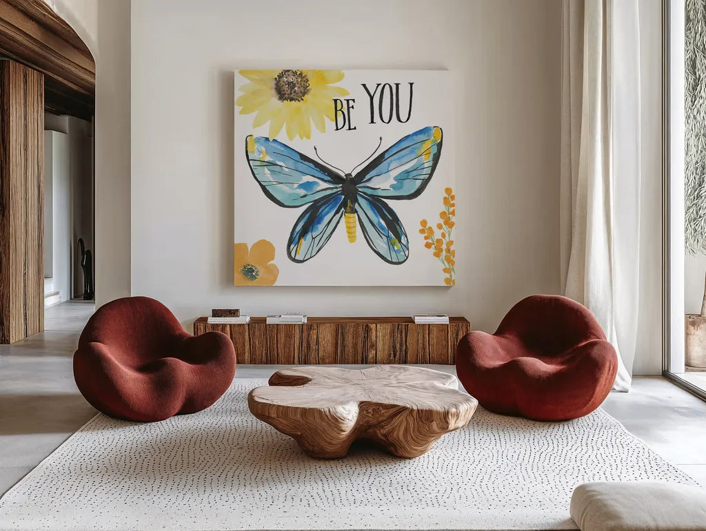 Beautiful Butterfly III by Sara Zieve Miller. Shown as extra-large giant wall art in a modern living room. Available as an archival giclee rolled canvas, fine art paper, or poster print. SKU 27321a.