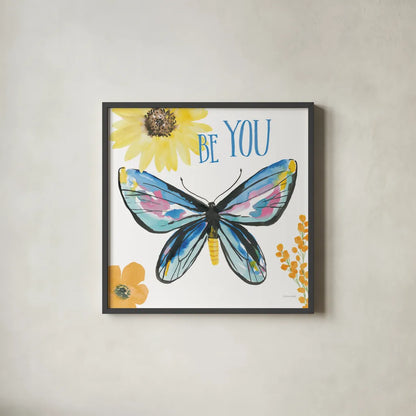 Beautiful Butterfly III Blue by Sara Zieve Miller. Shown in a sleek black glass frame for a contemporary gallery look. Available as an archival giclee rolled canvas, fine art paper, or poster print. SKU 66531a.
