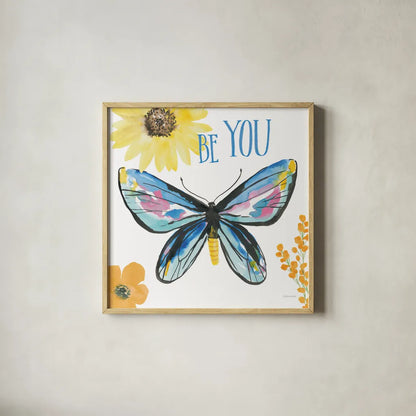 Beautiful Butterfly III Blue by Sara Zieve Miller. Shown in a natural wood glass frame for a timeless modern aesthetic. Available as an archival giclee rolled canvas, fine art paper, or poster print. SKU 66531a.