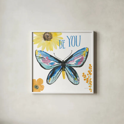Beautiful Butterfly III Blue by Sara Zieve Miller. Shown in a crisp white glass frame for a clean and minimalist style. Available as an archival giclee rolled canvas, fine art paper, or poster print. SKU 66531a.