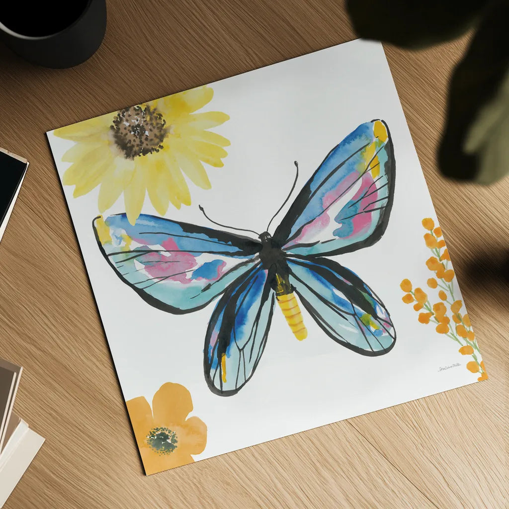 Beautiful Butterfly III Blue No Words by Sara Zieve Miller. Shown as a detailed flat fine art print, highlighting archival giclee quality. Available as an archival giclee rolled canvas, fine art paper, or poster print. SKU 69761a.