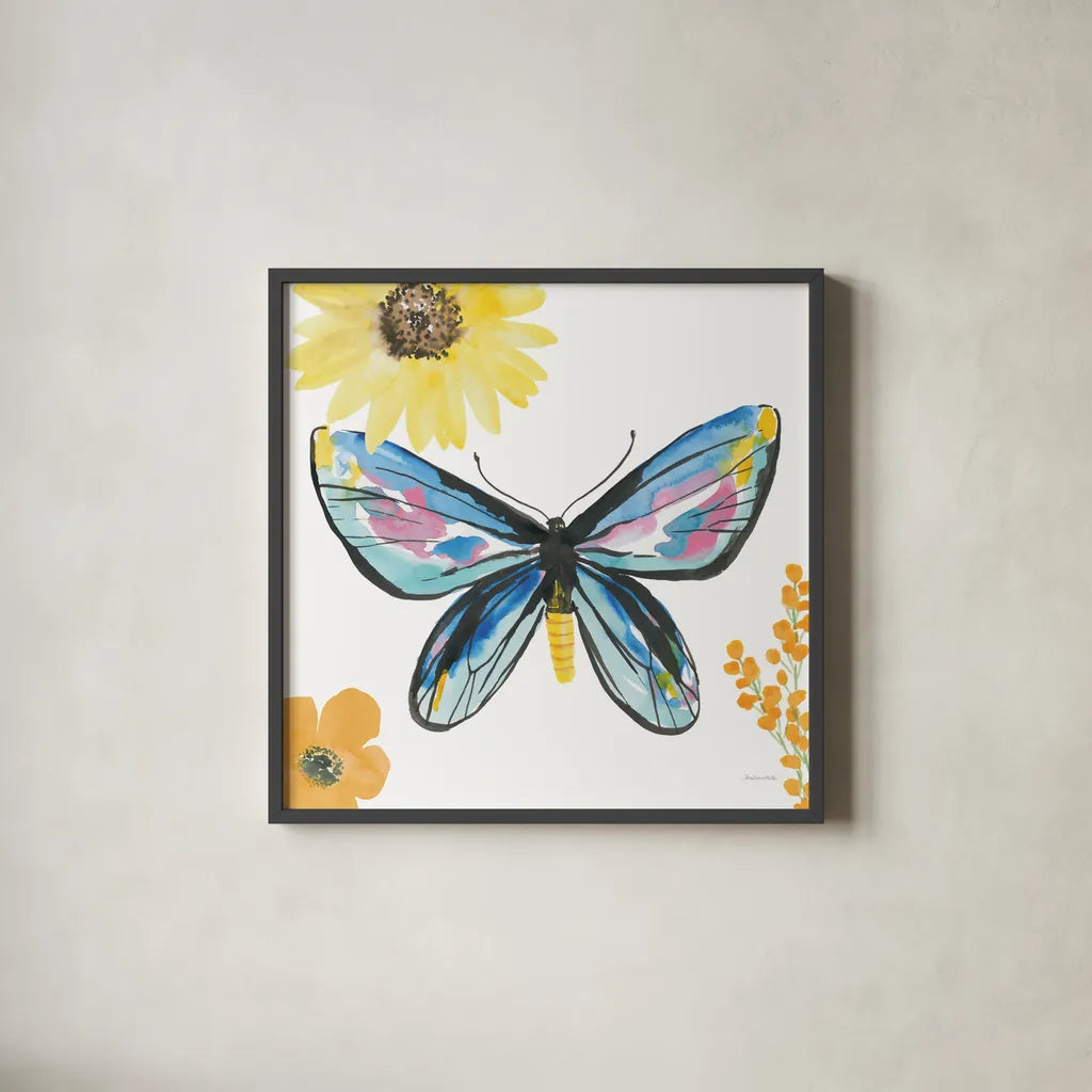 Beautiful Butterfly III Blue No Words by Sara Zieve Miller. Shown in a sleek black glass frame for a contemporary gallery look. Available as an archival giclee rolled canvas, fine art paper, or poster print. SKU 69761a.