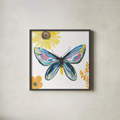 Beautiful Butterfly III Blue No Words by Sara Zieve Miller. Shown in a sleek black glass frame for a contemporary gallery look. Available as an archival giclee rolled canvas, fine art paper, or poster print. SKU 69761a.
