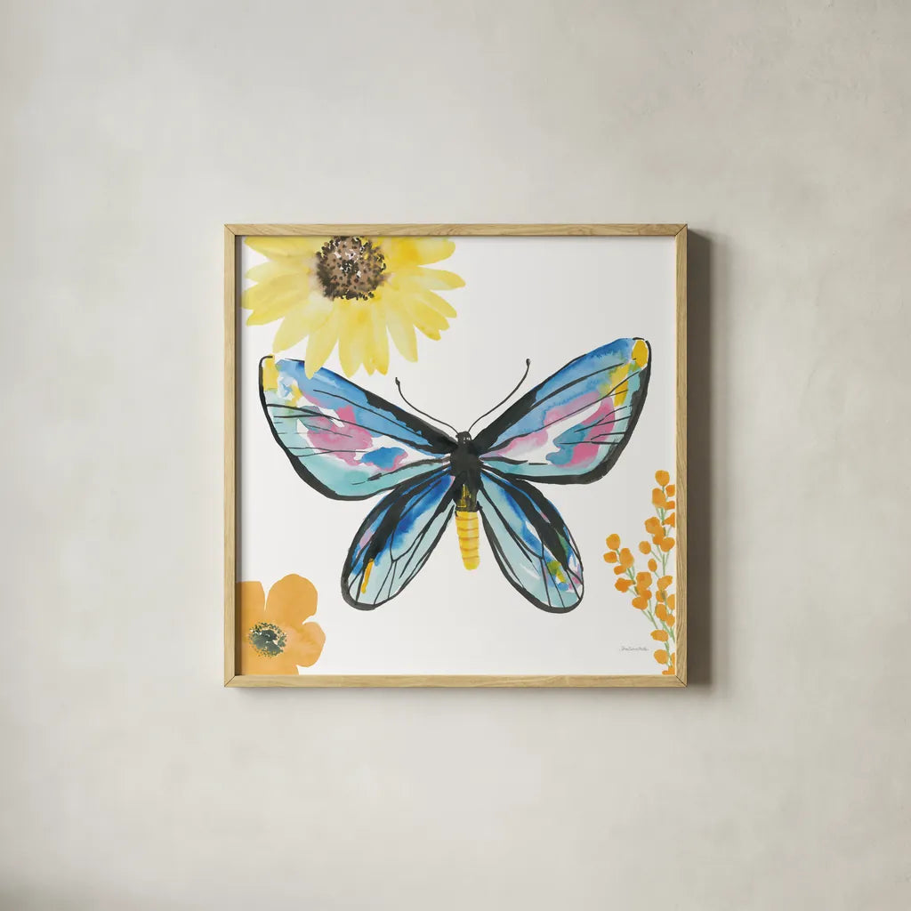 Beautiful Butterfly III Blue No Words by Sara Zieve Miller. Shown in a natural wood glass frame for a timeless modern aesthetic. Available as an archival giclee rolled canvas, fine art paper, or poster print. SKU 69761a.