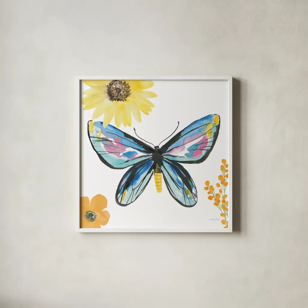 Beautiful Butterfly III Blue No Words by Sara Zieve Miller. Shown in a crisp white glass frame for a clean and minimalist style. Available as an archival giclee rolled canvas, fine art paper, or poster print. SKU 69761a.