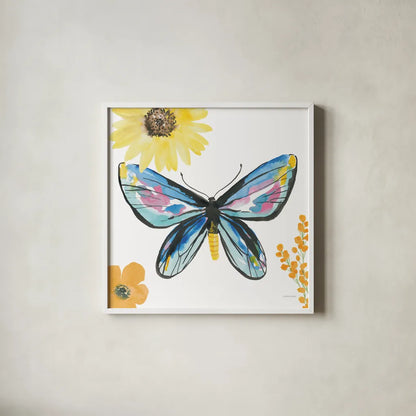 Beautiful Butterfly III Blue No Words by Sara Zieve Miller. Shown in a crisp white glass frame for a clean and minimalist style. Available as an archival giclee rolled canvas, fine art paper, or poster print. SKU 69761a.