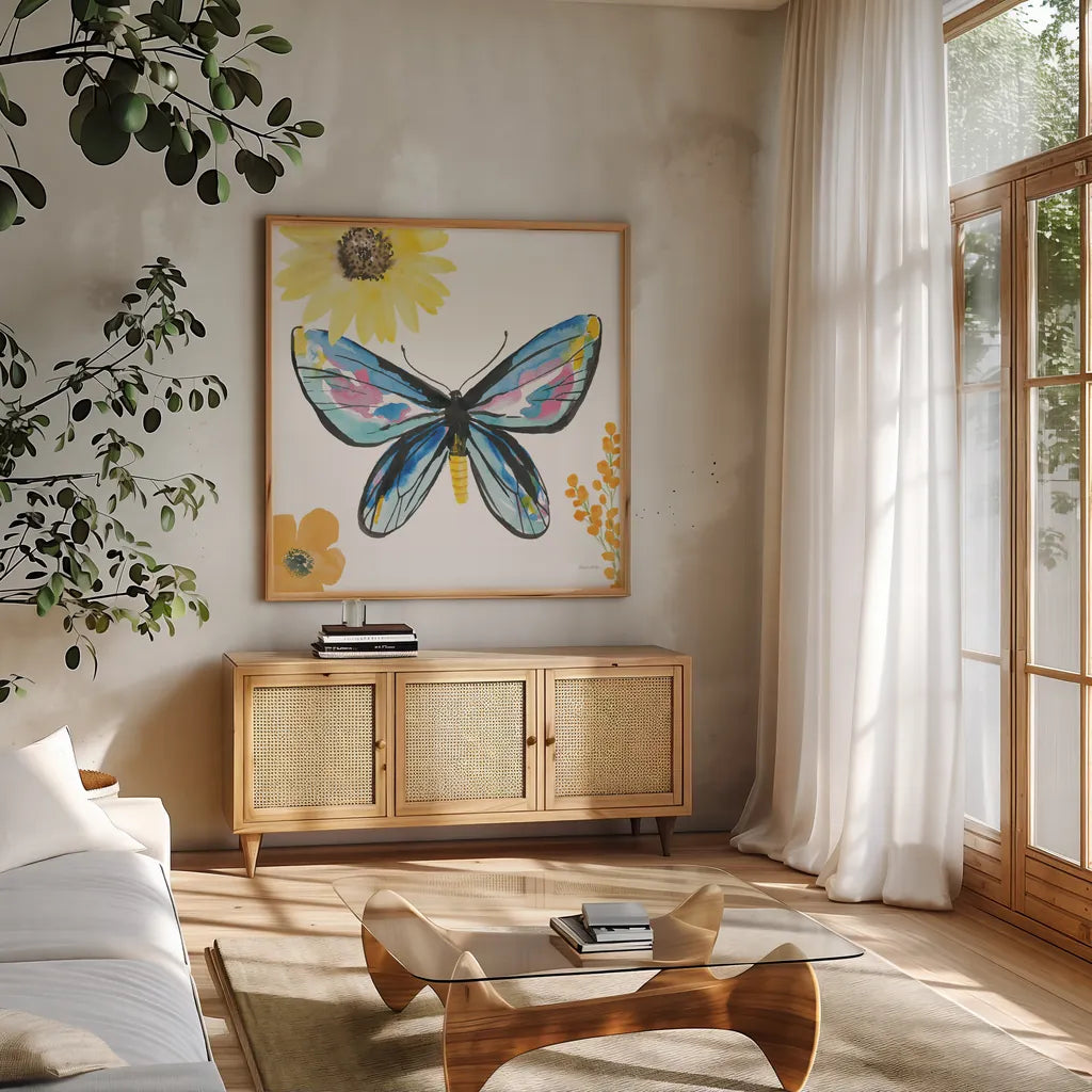 Beautiful Butterfly III Blue No Words by Sara Zieve Miller. Shown in a natural wood frame in a cozy modern living room. Available as an archival giclee rolled canvas, fine art paper, or poster print. SKU 69761a.