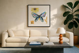 Beautiful Butterfly III Blue No Words by Sara Zieve Miller. Displayed in a glass frame with matte in a clean modern living room. Available as an archival giclee rolled canvas, fine art paper, or poster print. SKU 69761a.