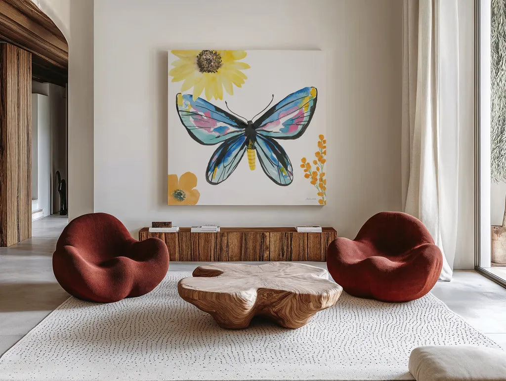 Beautiful Butterfly III Blue No Words by Sara Zieve Miller. Shown as extra-large giant wall art in a modern living room. Available as an archival giclee rolled canvas, fine art paper, or poster print. SKU 69761a.