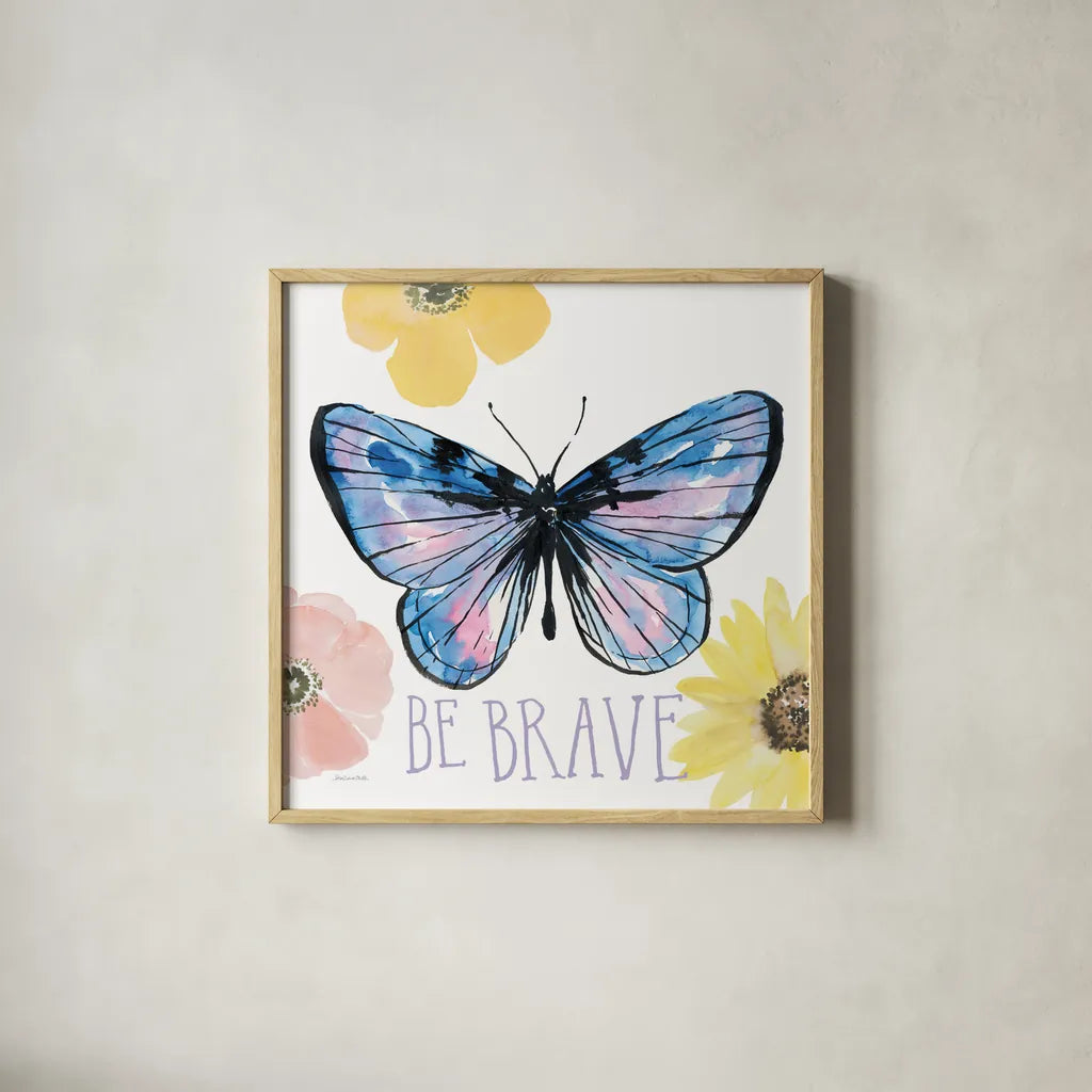Beautiful Butterfly IV Lavender by Sara Zieve Miller. Shown in a natural wood glass frame for a timeless modern aesthetic. Available as an archival giclee rolled canvas, fine art paper, or poster print. SKU 66532a.