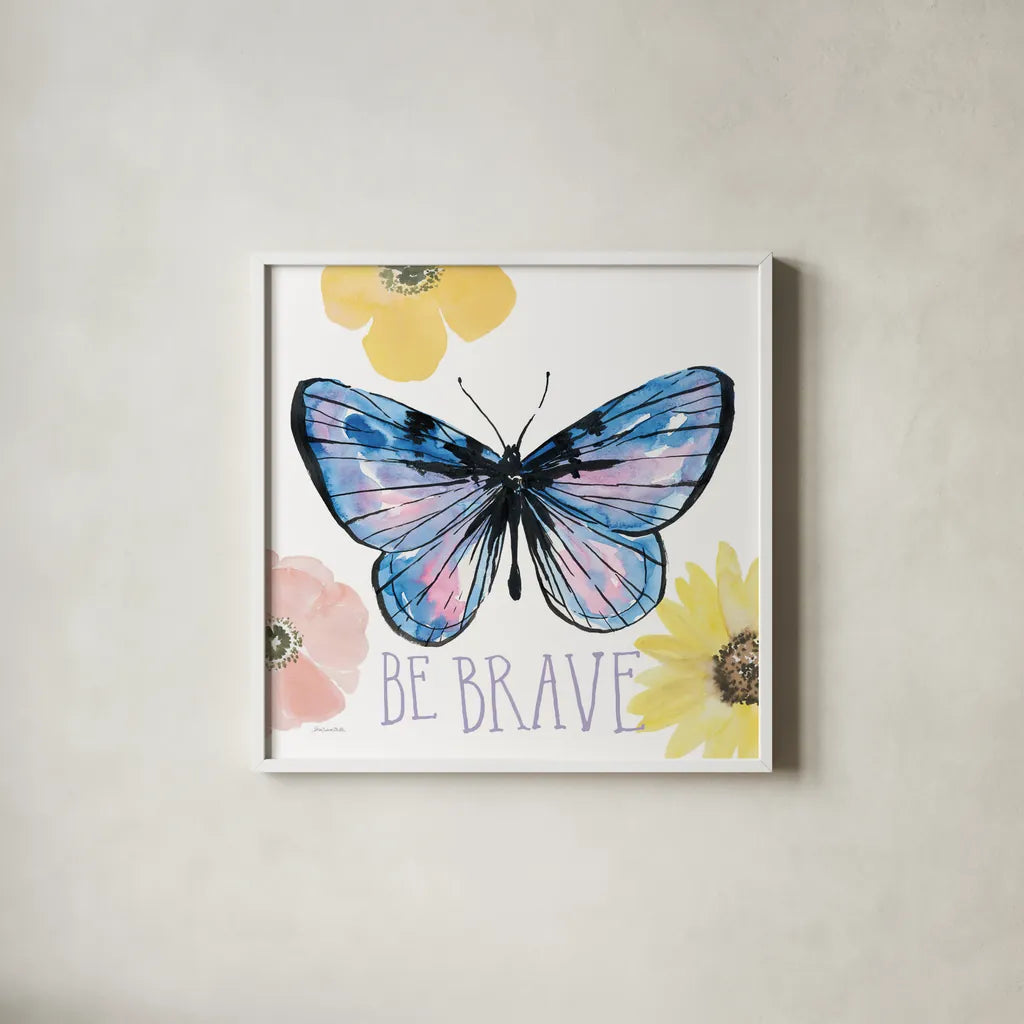 Beautiful Butterfly IV Lavender by Sara Zieve Miller. Shown in a crisp white glass frame for a clean and minimalist style. Available as an archival giclee rolled canvas, fine art paper, or poster print. SKU 66532a.