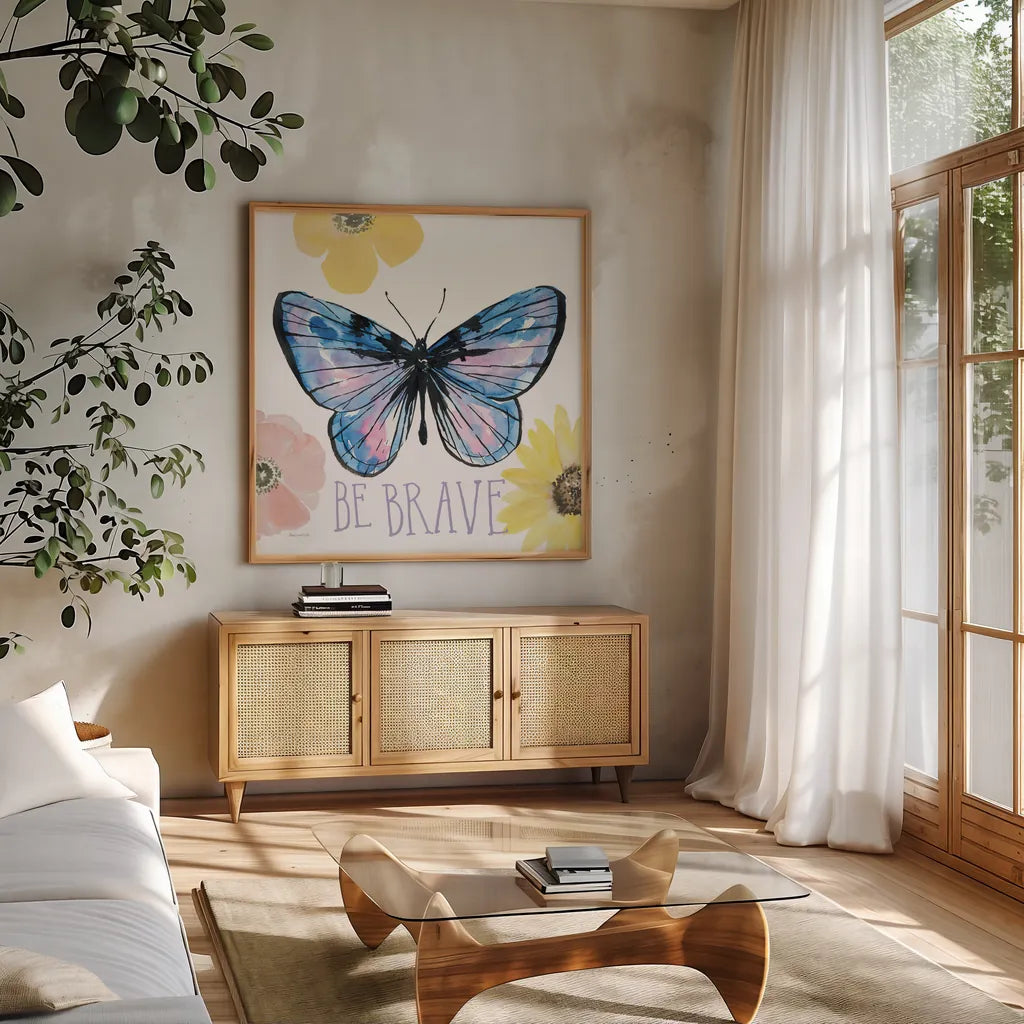 Beautiful Butterfly IV Lavender by Sara Zieve Miller. Shown in a natural wood frame in a cozy modern living room. Available as an archival giclee rolled canvas, fine art paper, or poster print. SKU 66532a.