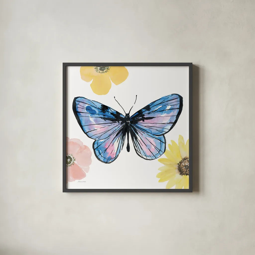 Beautiful Butterfly IV Lavender No Words by Sara Zieve Miller. Shown in a sleek black glass frame for a contemporary gallery look. Available as an archival giclee rolled canvas, fine art paper, or poster print. SKU 69762a.