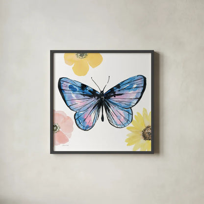Beautiful Butterfly IV Lavender No Words by Sara Zieve Miller. Shown in a sleek black glass frame for a contemporary gallery look. Available as an archival giclee rolled canvas, fine art paper, or poster print. SKU 69762a.