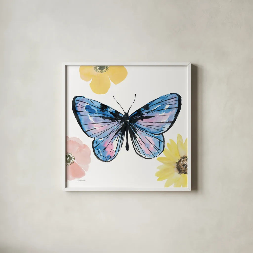 Beautiful Butterfly IV Lavender No Words by Sara Zieve Miller. Shown in a crisp white glass frame for a clean and minimalist style. Available as an archival giclee rolled canvas, fine art paper, or poster print. SKU 69762a.