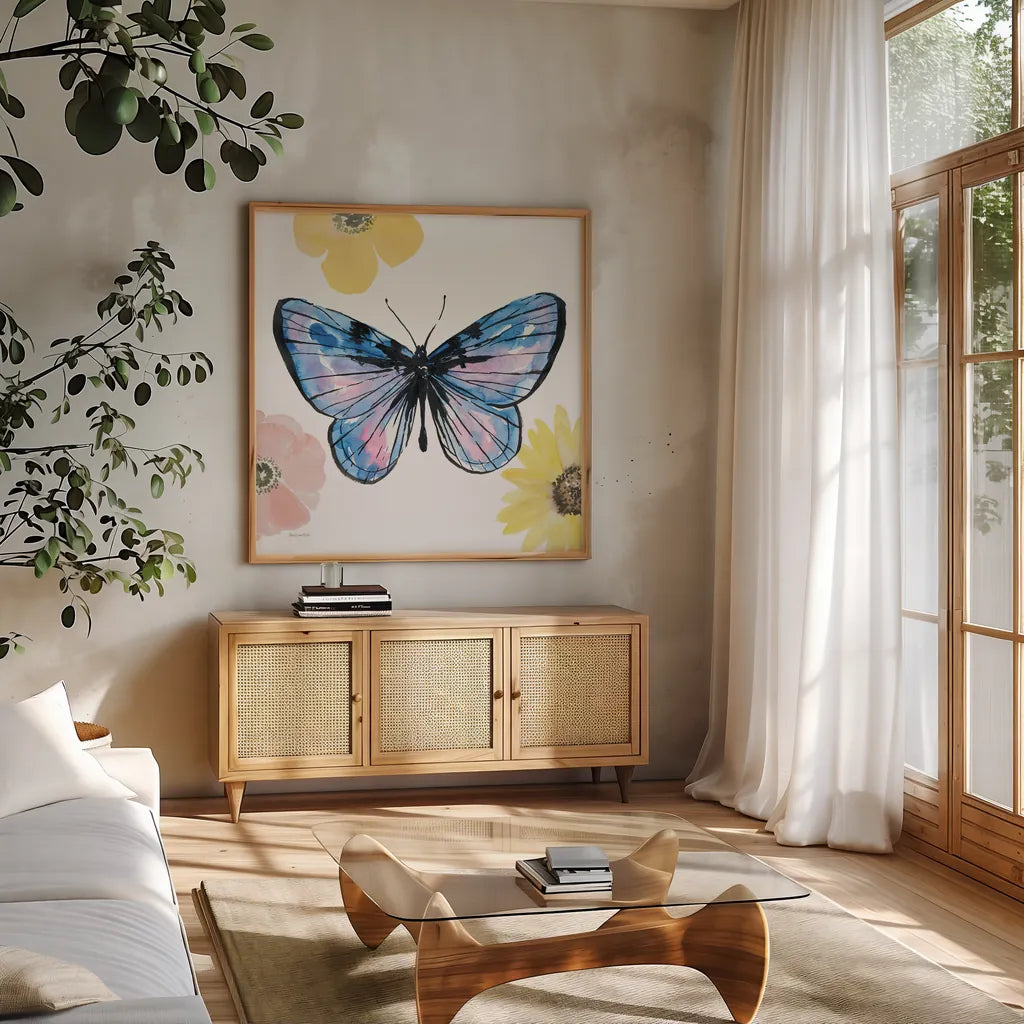Beautiful Butterfly IV Lavender No Words by Sara Zieve Miller. Shown in a natural wood frame in a cozy modern living room. Available as an archival giclee rolled canvas, fine art paper, or poster print. SKU 69762a.