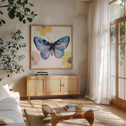 Beautiful Butterfly IV Lavender No Words by Sara Zieve Miller. Shown in a natural wood frame in a cozy modern living room. Available as an archival giclee rolled canvas, fine art paper, or poster print. SKU 69762a.