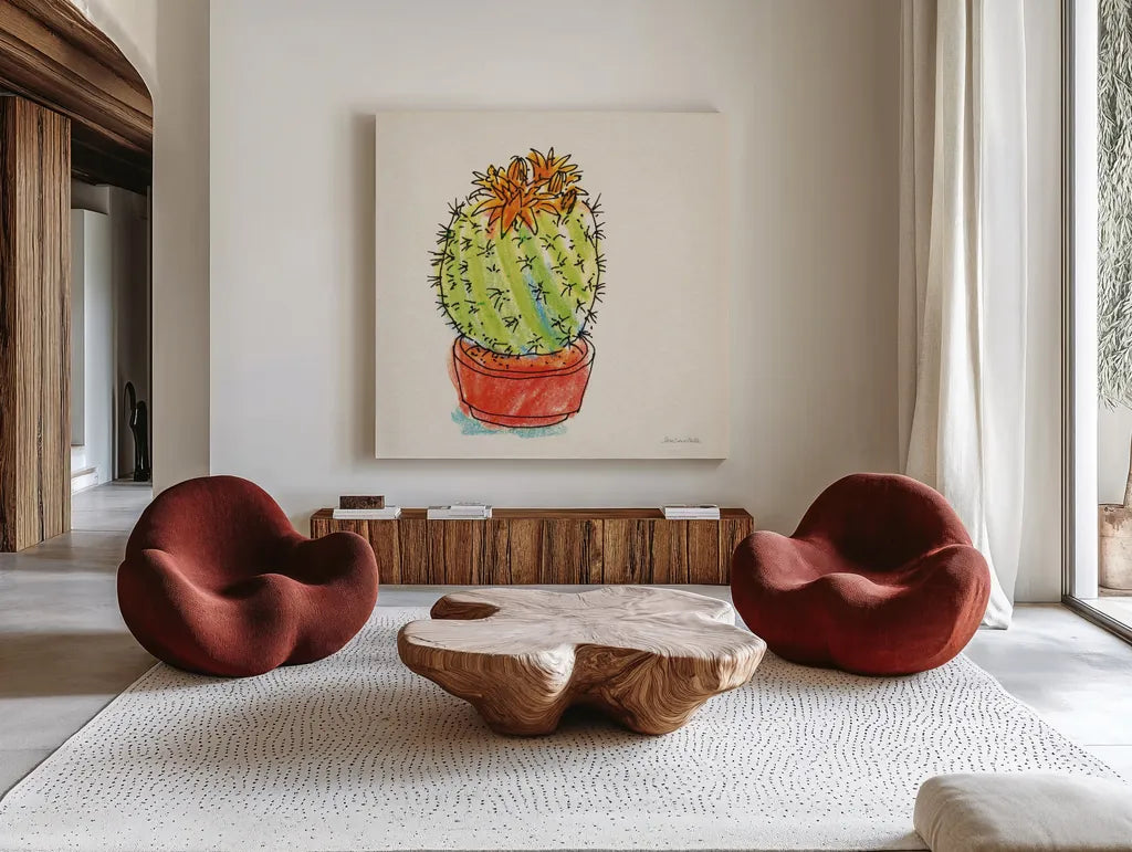 Cacti Garden II by Sara Zieve Miller. Shown as extra-large giant wall art in a modern living room. Available as an archival giclee rolled canvas, fine art paper, or poster print. SKU 57355a.