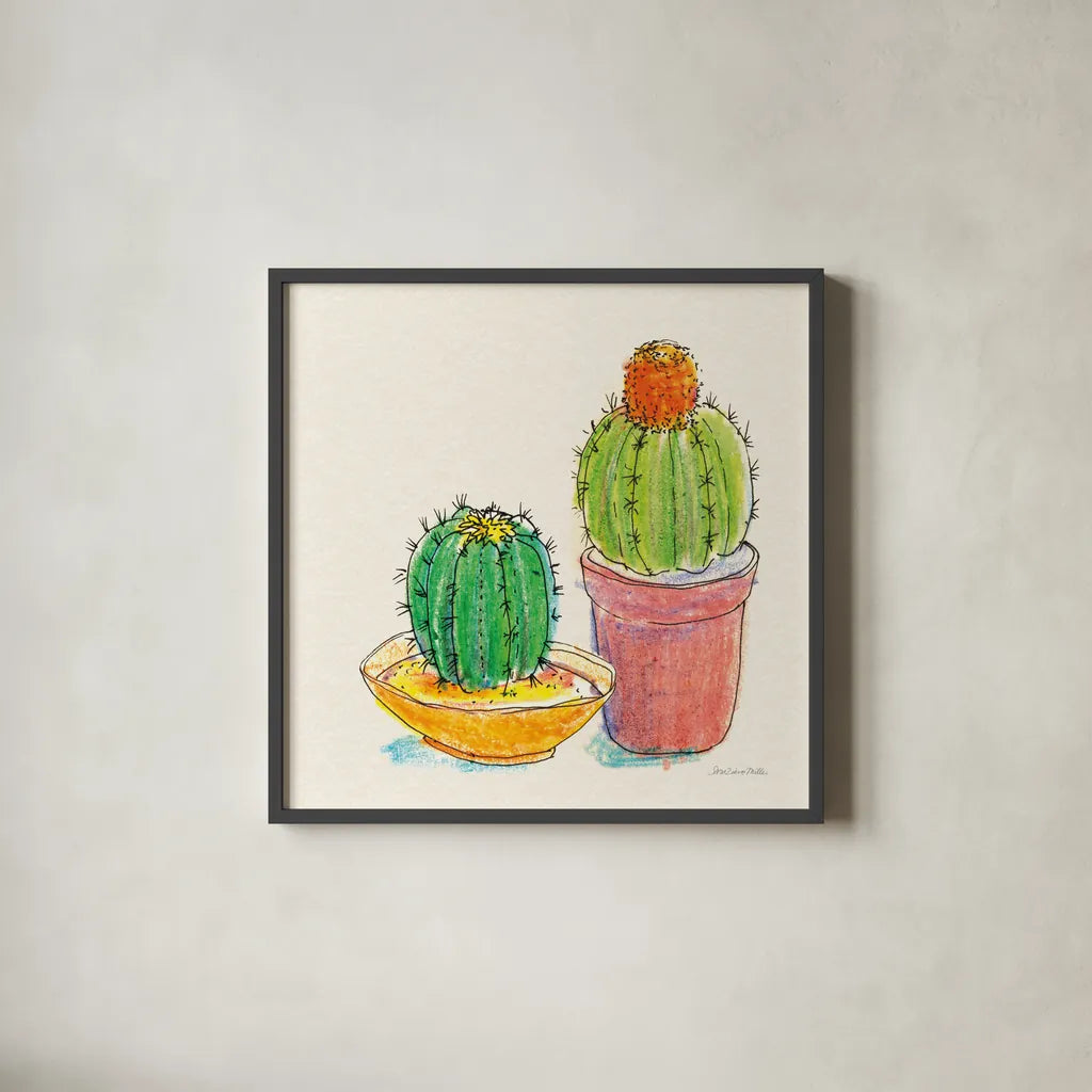 Cacti Garden III by Sara Zieve Miller. Shown in a sleek black glass frame for a contemporary gallery look. Available as an archival giclee rolled canvas, fine art paper, or poster print. SKU 57356a.
