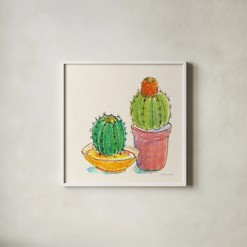 Cacti Garden III by Sara Zieve Miller. Shown in a crisp white glass frame for a clean and minimalist style. Available as an archival giclee rolled canvas, fine art paper, or poster print. SKU 57356a.
