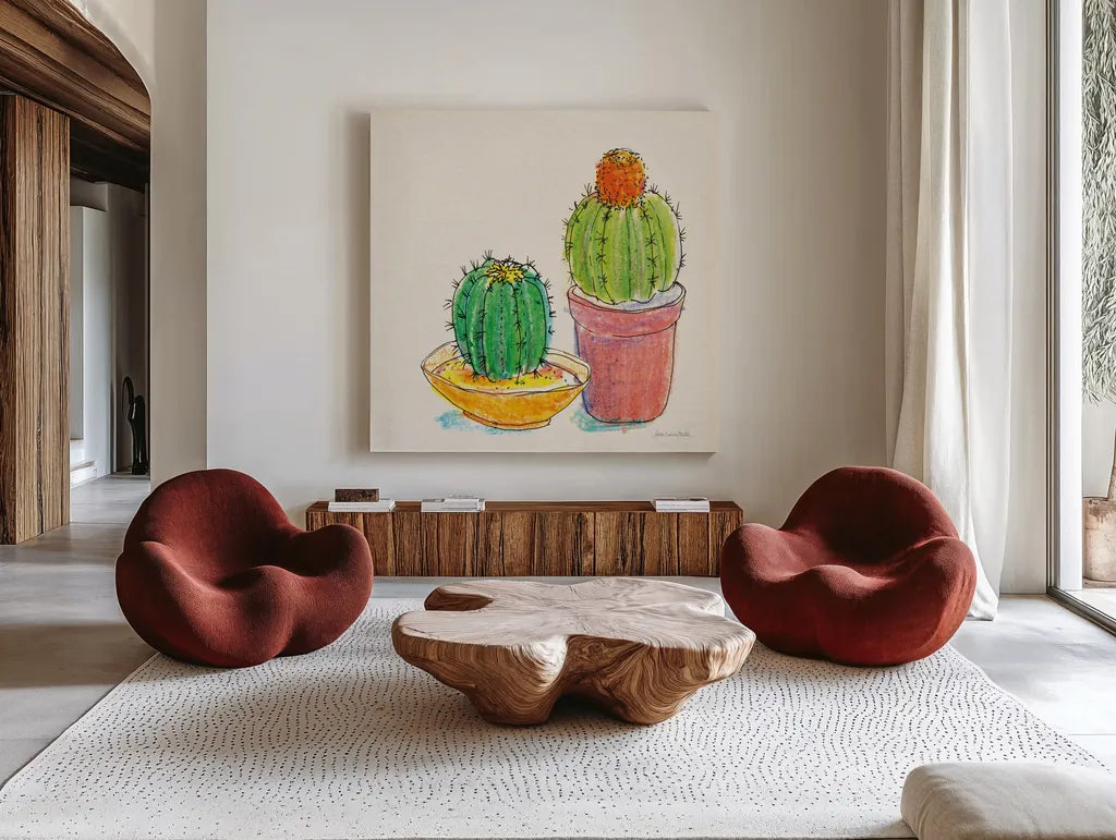 Cacti Garden III by Sara Zieve Miller. Shown as extra-large giant wall art in a modern living room. Available as an archival giclee rolled canvas, fine art paper, or poster print. SKU 57356a.