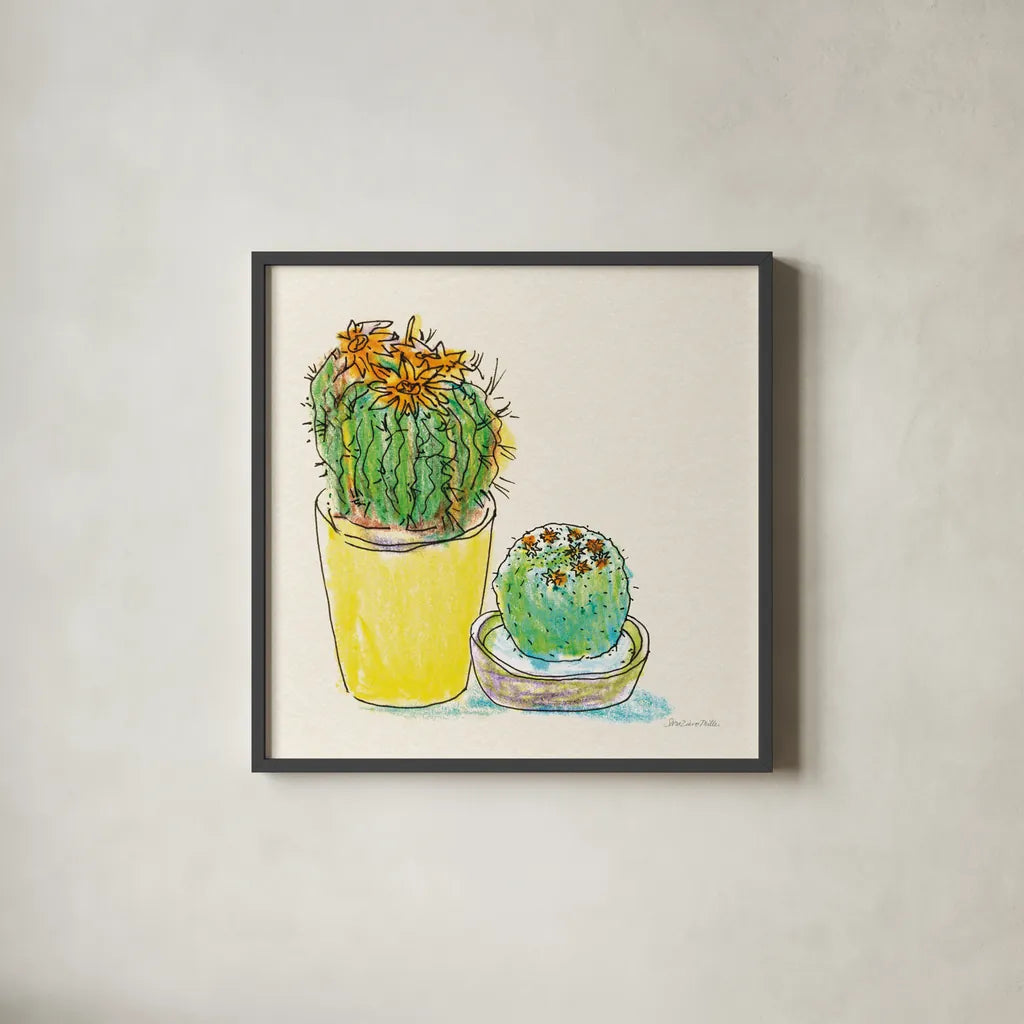 Cacti Garden IV by Sara Zieve Miller. Shown in a sleek black glass frame for a contemporary gallery look. Available as an archival giclee rolled canvas, fine art paper, or poster print. SKU 57357a.
