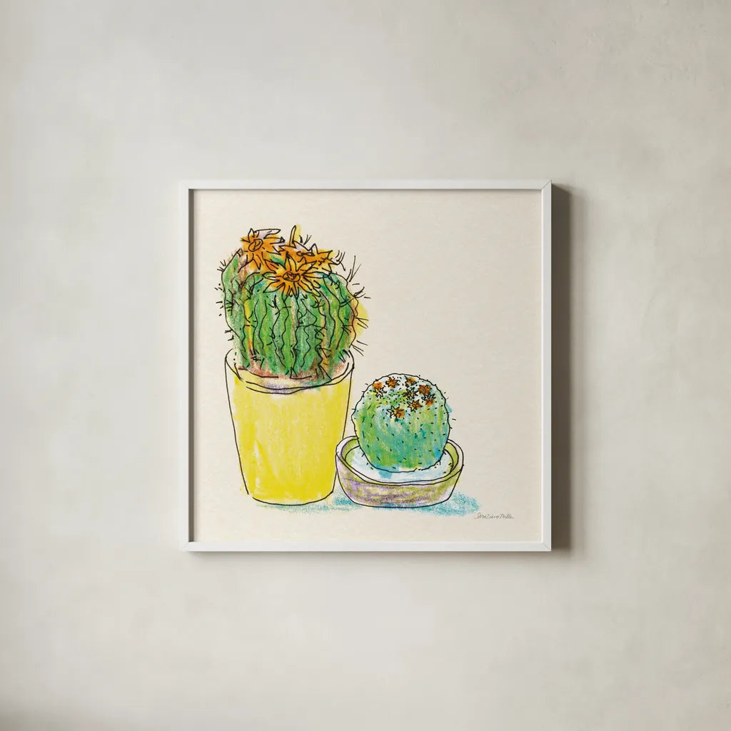 Cacti Garden IV by Sara Zieve Miller. Shown in a crisp white glass frame for a clean and minimalist style. Available as an archival giclee rolled canvas, fine art paper, or poster print. SKU 57357a.