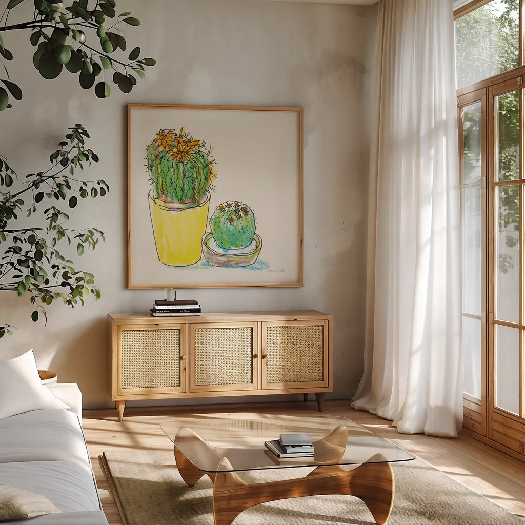 Cacti Garden IV by Sara Zieve Miller. Shown in a natural wood frame in a cozy modern living room. Available as an archival giclee rolled canvas, fine art paper, or poster print. SKU 57357a.