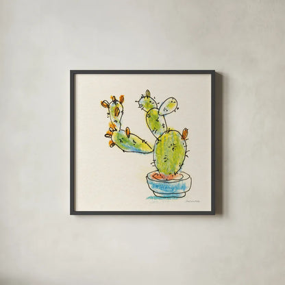 Cacti Garden V by Sara Zieve Miller. Shown in a sleek black glass frame for a contemporary gallery look. Available as an archival giclee rolled canvas, fine art paper, or poster print. SKU 57358a.
