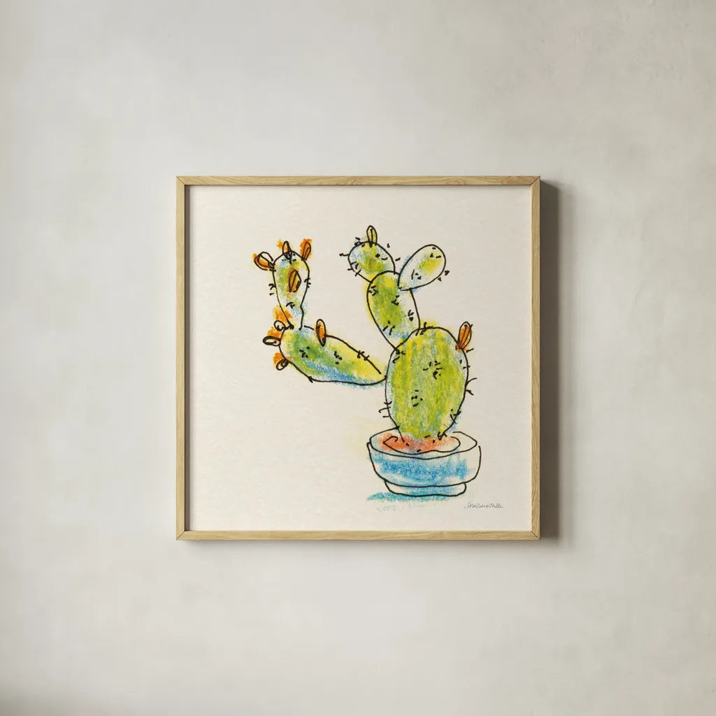 Cacti Garden V by Sara Zieve Miller. Shown in a natural wood glass frame for a timeless modern aesthetic. Available as an archival giclee rolled canvas, fine art paper, or poster print. SKU 57358a.