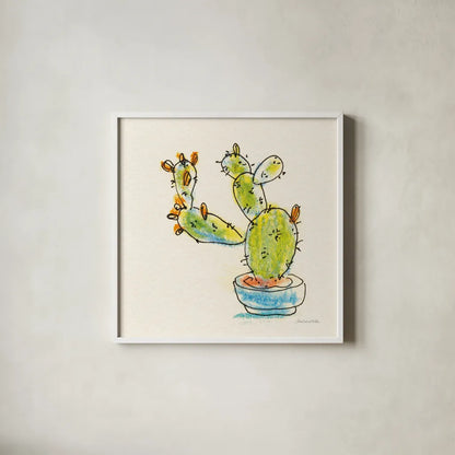 Cacti Garden V by Sara Zieve Miller. Shown in a crisp white glass frame for a clean and minimalist style. Available as an archival giclee rolled canvas, fine art paper, or poster print. SKU 57358a.