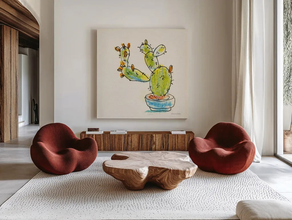 Cacti Garden V by Sara Zieve Miller. Shown as extra-large giant wall art in a modern living room. Available as an archival giclee rolled canvas, fine art paper, or poster print. SKU 57358a.