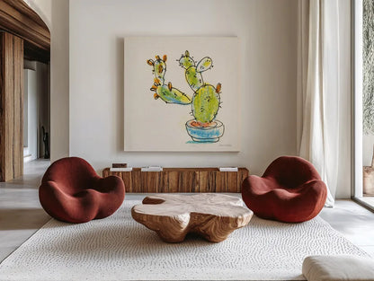 Cacti Garden V by Sara Zieve Miller. Shown as extra-large giant wall art in a modern living room. Available as an archival giclee rolled canvas, fine art paper, or poster print. SKU 57358a.