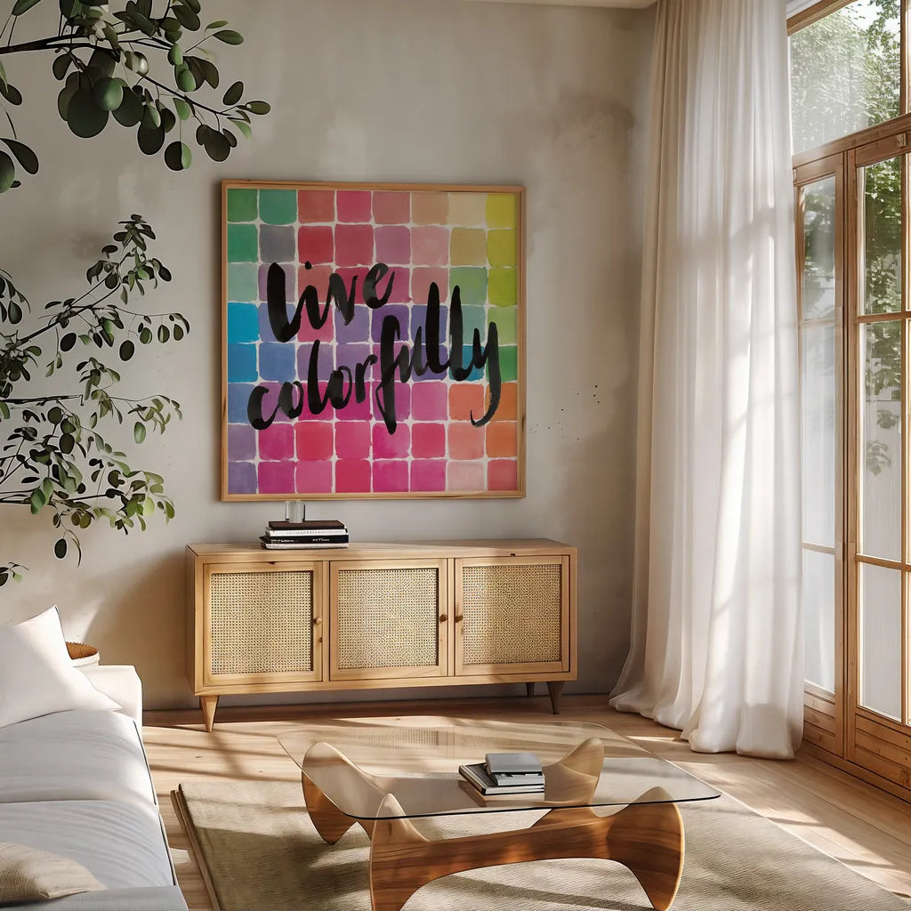 Color Quotes II by Sara Zieve Miller. Shown in a natural wood frame in a cozy modern living room. Available as an archival giclee rolled canvas, fine art paper, or poster print. SKU 31469a.