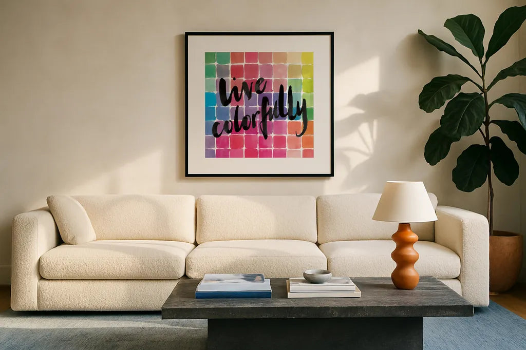 Color Quotes II by Sara Zieve Miller. Displayed in a glass frame with matte in a clean modern living room. Available as an archival giclee rolled canvas, fine art paper, or poster print. SKU 31469a.