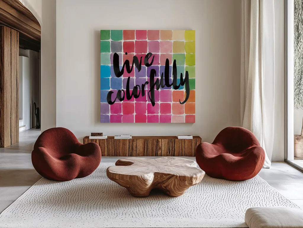 Color Quotes II by Sara Zieve Miller. Shown as extra-large giant wall art in a modern living room. Available as an archival giclee rolled canvas, fine art paper, or poster print. SKU 31469a.