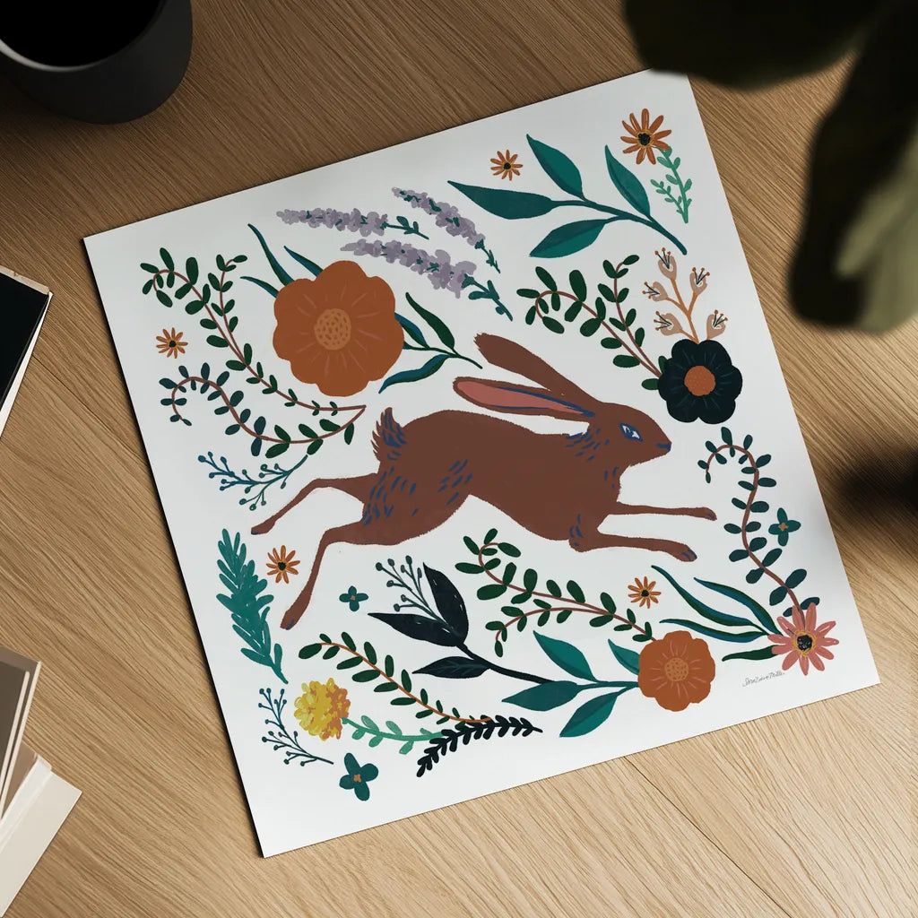 Folk Garden I by Sara Zieve Miller. Shown as a detailed flat fine art print, highlighting archival giclee quality. Available as an archival giclee rolled canvas, fine art paper, or poster print. SKU 73373a.