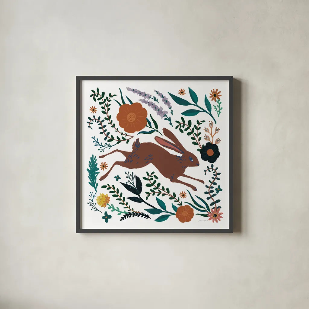 Folk Garden I by Sara Zieve Miller. Shown in a sleek black glass frame for a contemporary gallery look. Available as an archival giclee rolled canvas, fine art paper, or poster print. SKU 73373a.