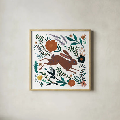 Folk Garden I by Sara Zieve Miller. Shown in a natural wood glass frame for a timeless modern aesthetic. Available as an archival giclee rolled canvas, fine art paper, or poster print. SKU 73373a.