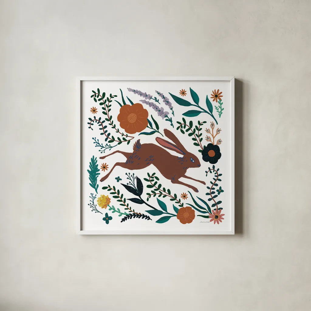 Folk Garden I by Sara Zieve Miller. Shown in a crisp white glass frame for a clean and minimalist style. Available as an archival giclee rolled canvas, fine art paper, or poster print. SKU 73373a.