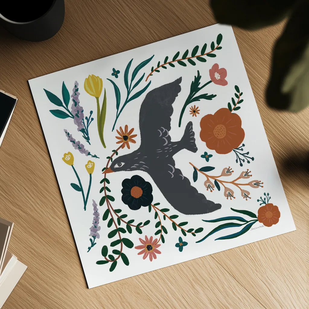 Folk Garden II by Sara Zieve Miller. Shown as a detailed flat fine art print, highlighting archival giclee quality. Available as an archival giclee rolled canvas, fine art paper, or poster print. SKU 73374a.