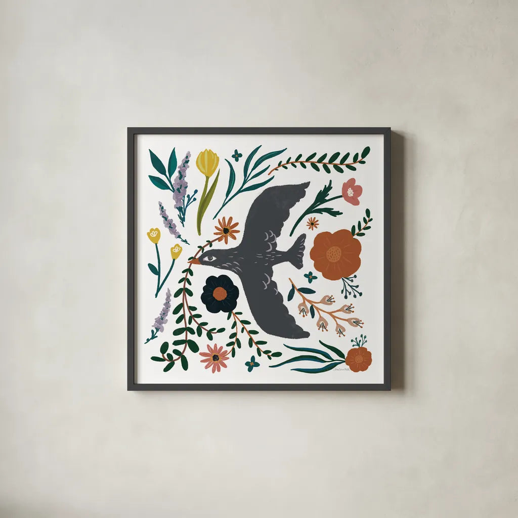 Folk Garden II by Sara Zieve Miller. Shown in a sleek black glass frame for a contemporary gallery look. Available as an archival giclee rolled canvas, fine art paper, or poster print. SKU 73374a.
