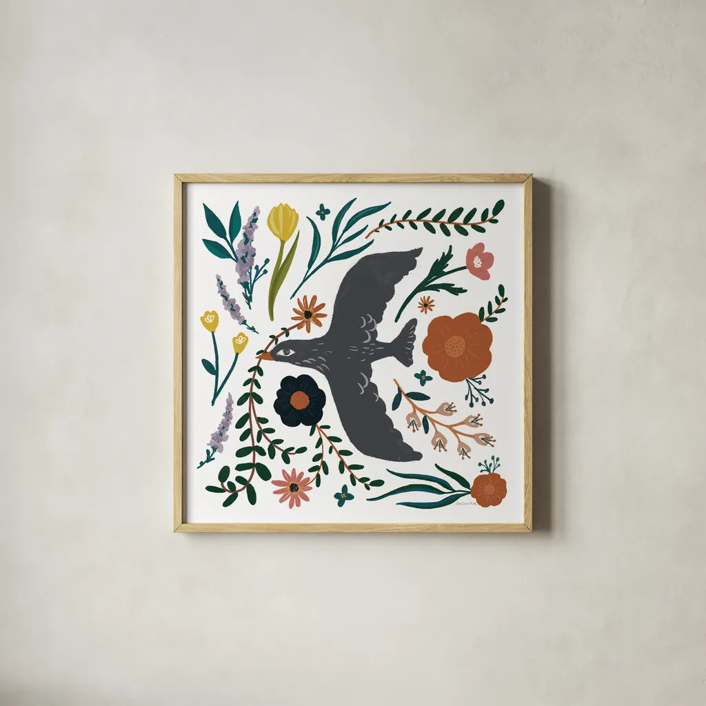 Folk Garden II by Sara Zieve Miller. Shown in a natural wood glass frame for a timeless modern aesthetic. Available as an archival giclee rolled canvas, fine art paper, or poster print. SKU 73374a.