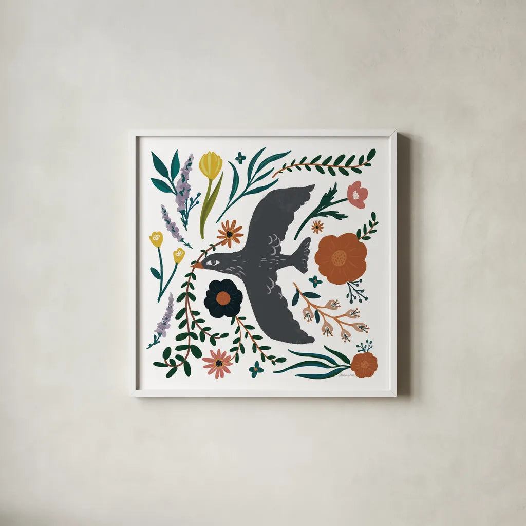Folk Garden II by Sara Zieve Miller. Shown in a crisp white glass frame for a clean and minimalist style. Available as an archival giclee rolled canvas, fine art paper, or poster print. SKU 73374a.