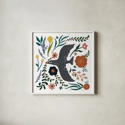Folk Garden II by Sara Zieve Miller. Shown in a crisp white glass frame for a clean and minimalist style. Available as an archival giclee rolled canvas, fine art paper, or poster print. SKU 73374a.