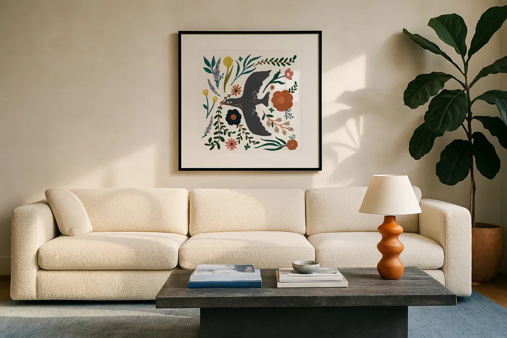 Folk Garden II by Sara Zieve Miller. Displayed in a glass frame with matte in a clean modern living room. Available as an archival giclee rolled canvas, fine art paper, or poster print. SKU 73374a.