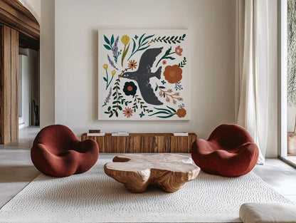 Folk Garden II by Sara Zieve Miller. Shown as extra-large giant wall art in a modern living room. Available as an archival giclee rolled canvas, fine art paper, or poster print. SKU 73374a.